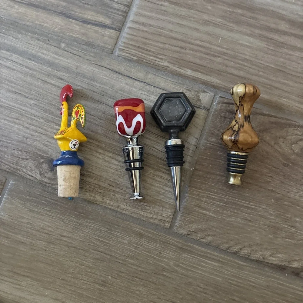 Wine/Liquor Lot of 4 Stoppers Metal Wooden Handblown Glass Ceramic Chicken